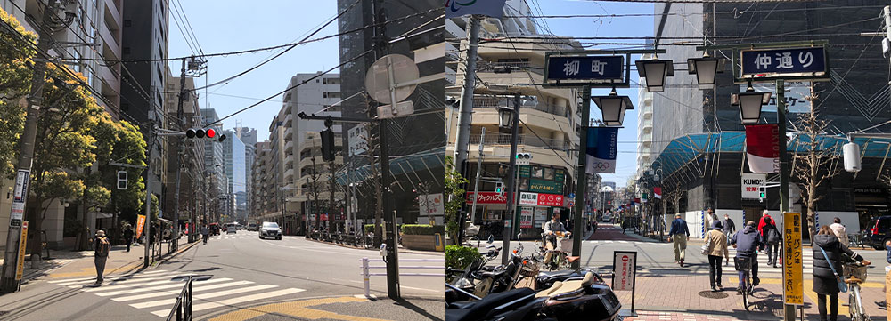 左:千川通り交差点 右:柳町仲通り