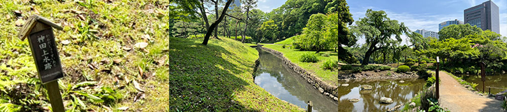 左/中:神田上水跡,右:大堰川