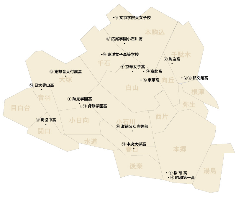 東京都文京区の私立中学校の分布