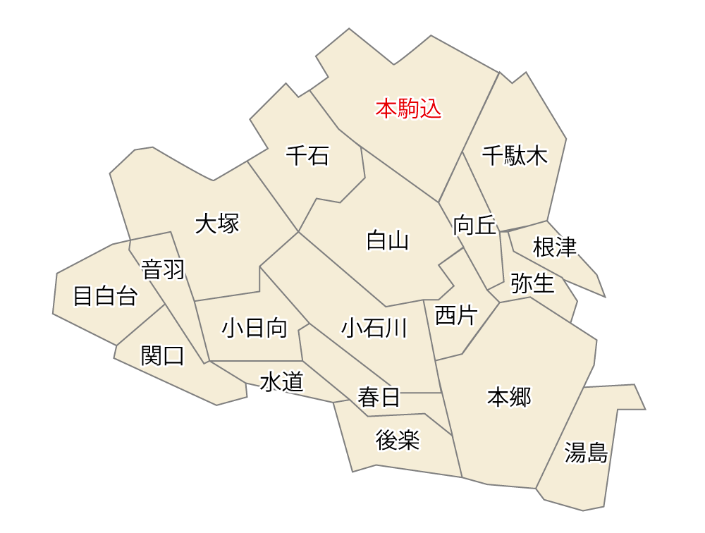 東京都文京区内の本駒込の位置